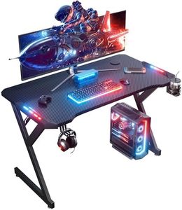 HLONONE LED Mesa Gaming 100 × 55 cm, Escritorio Gamer de Fibra de Carbono Ergonómicas, Escritorio Gaming con Portavasos y Gancho para Auriculares, Negro