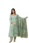 OMASK Women Cotton Floral Yoke Design Empire Mirror Work Kurta with Trousers & Dupatta