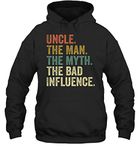 Mens Vintage Fun Uncle Man Myth Bad Influence Funny T Shirt. Premium Unisex Hoodie Gift Women Men Hoodie (Black;M)