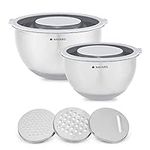 Navaris Stainless Steel Mixing Bowls with Lids and Graters (Set of 2 Bowls with 3 Graters) - Small and Large Mixing Bowl Set - 1.5 QT, 5 QT - Gray