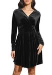 Jayscreate Women's V Neck Velvet Dress 2024 Long Sleeve Skater Flowy Elegant Tunic Wedding Guest Cocktail Party Dress Black