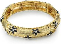 1928 Jewelry "Le Marais" Gold-Tone Black Enamel Flower with Crystal Accent Stretch Bracelet