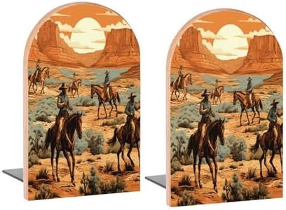 Buyidec Book Ends Western Cowboy Wild Soul Wood Bookends for Shelves to Hold Books Heavy Duty Non-Skid Book Stoppers Wood Decorative Home Office School