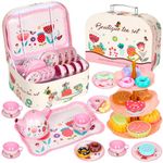 Hovetne 33 PCS Tea Set for Toddlers, Kids Tea Party Pretend Play Toy with Dessert Toy, Plates, Teapot, Tea Cups & Carrying Case, Childrens Tin Play Tea Set for Girls Aged 3 4 5 6 7 8, Flower