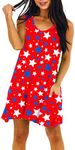 Deerose Women 4th of July Dress Sleeeveless Patriotic V Neck Dresses with Pockets, Stars Red, Large