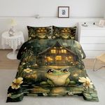 Manfei Cute Frog Kids Comforter Set,Jungle Lodge Wild Animal Dreamy Bedding Set All Season,Rustic Daisy Flowers Lake Lotus Leaves Starry Cabin Comforter 2 Pcs with 1 Pillowcase,Twin Size