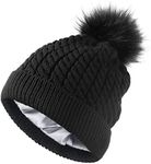 SHINCHIC Womens Winter Satin Lined Beanie Hat Cuffed Cable Knit Detachable Faux Fur Pompom Silky Lined Warm Cap, Black, One Size