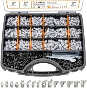 VIGRUE SAE & Metric Grease Fittings Kit, 540PCS Grease Zerk Fittings Assortment NPT 1/4" 1/8" M6 M8 M10 Straight 45 90 Degree Grease Nipples with Caps and Wrench Kit(7-11Mm) for Grease Gun