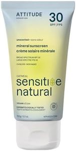 ATTITUDE Mineral Sunscreen for Sensitive Skin, EWG Verified, Broad Spectrum UVA/UVB, Dermatologically Tested, Plant and Mineral-Based Formula, Vegan, SPF 30, Unscented, 150 grams
