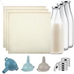 Hushee 9 Pcs Nut Milk Bag Kit 3 Pcs 14" x 14" Cheesecloth Cotton Nut Milk Bag 3 Pcs 33 oz Glass Milk Bottle with Lid 3 Pcs Reusable Kitchen Funnels for Straining Oat Almond Milk Juice Cheese Making