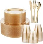 MATANA 360 Pcs Reusable Gold Plastic Dinnerware Set for 60 Guests - 60 Dinner & 60 Dessert Plates, 60 Cups, 180 Cutlery Set (60 Knives, 60 Forks & 60 Spoons) - for Weddings, Parties