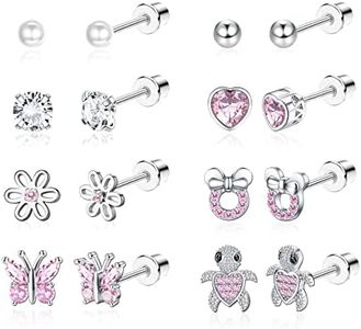 Kakonia 8 Pairs Hypoallergenic Screw Back Earrings for Girls Women 316L Stainless Steel CZ Pearl Heart Flower Turtle Butterfly Stud Earrings Jewelry Gift Women Girl