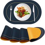 ANUNU Faux Leather Placemats Set of 4 - Double-Sided Color Oval Design Dining Table Mats Waterproof Heat Resistant Indoor Outdoor Home Decor Kitchen Table Placemats Navy Blue + Yellow