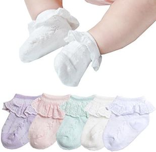 Epeius 5 Pack Little Kids Girls Eyelet Frilly Lace Socks Princess Ankle Socks for 3-5 Years,Bow Pattern,White/Off White/Pink/Purple/Green,Shoe Size 8-11