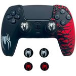 ElitePlay Black and Red Spider Anti-Slip Silicone Cover Skin for PS5 Controller, Soft Rubber Case for PS5 Wireless Controller With 2 Sets Thumb Grips