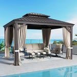 SUNSHINE VALLEY 10x12ft Hardtop Gazebo Double Roof with Netting and Curtain, Outdoor Gazebo with Heavy Duty Aluminum Frame and Thick Columns, Waterproof Brown Patio Gazebo for Deck, Backyard, Garden