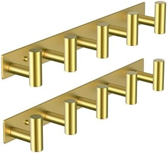 VAEHOLD Hat and Coat Wall Mount Rack - Hooks for Robes, Bags, Keys, and Towels - Bathroom Towel Hanger Organizer (Gold, “T“ Shape 5 Hooks 2 Pack)