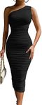 Mookyun Women's Sexy Ruched Bodycon Dress Summer One Shoulder Sleeveless Party Cocktail Pencil Midi Dresses (Black L)