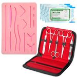 Suture Practice Kit - Complete Medical Training Set with Reusable Silicone Pad for Nurses, Veterninary Students - 14 Pre-cut Wounds Skin with Needle Holder, Forcep & Scissors (Educational Use Only)