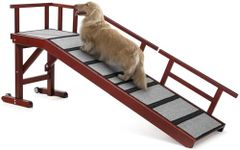Dog Ramp for Bed or Couch, Wooden Pet Ramp with 20° Gentle Slope, Removable Side Rails, Non-Slip Surface, Top Platform & Wheels, Safe Bed Ramp for Small, Medium & Senior Dogs, 60" Long, Mahogany