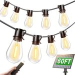 Solar String Lights Outdoor, 60FT Waterproof S14 LED Patio Lights with 18+1 Shatterproof Bulbs, Solar Powered & USB Charging, Dimmable with Remote Control, Hanging Lights for Garden, Porch
