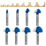 Cove Box Router Bit Set ,Newdeli 8Pcs 1/4 Inch Shank Round Nose Router Bit-1/4" 5/16" 3/8" 1/2" 5/8" 3/4" 7/8" 1" Cutting Diameter, Solid Carbide Double Flute Cove Box Round Nose Woodworking Tool