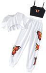 SOLY HUX Girl's Butterfly Print Cami Tops & High Low Hem Short Sleeve T Shirt with Sweatpants 3 Piece White Butterfly 8Y