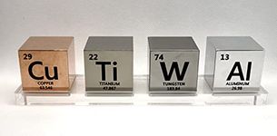 Set of four 38.1mm (1.5´) cubes: tugnsten, titanium, copper and aluminum. Same size but very different weight/color/hardness/touch ratio. Includes methacrylate base