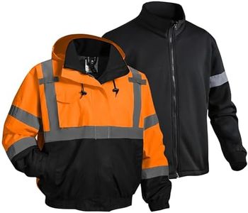 DPSAFETY 3 in 1 Safety jacket,Reflective high Visibility Hooded jacket,Hi Vis Bomber Jacket shell and fleece lining,Waterproof,ANSI Class 3 Black Bottom Orange,5XL