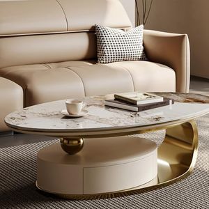 Modern Oval Coffee Table with Storage Drawer, Marble-Look Top Coffee Table with Gold Base, No Assembly Required, White Oval Center Table for Living Room