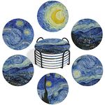 ComSaf Van Gogh Drink Coasters with Holder, Coasters for Drinks-Set of 6, Paintings Art Ceramic Coasters for Coffee Table Gifts Home Decor, Blue, 4 Inches