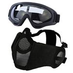 Airsoft Mask with Goggles, Foldable Half Face Airsoft Mesh Mask with Ear Protection for Paintball Shooting CS Game (01-Black)