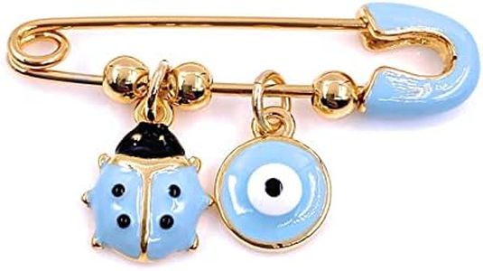 LESLIE BOULES 18K Gold Plated Brooch Pin for Baby Blue Ligth Evil Eye & Tiny LadyBug Pendants Protection Jewelry, Small, Brass, gold plated