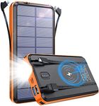 Power Bank Wireless 26800mAh Portable Charger Solar Battery Pack with Built in Cables 2 Outputs & LED Flashlight for iPhone and Samsung Smartphone