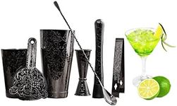 SKYFISH Bartender Kit Cocktail Shaker Set-7 Pieces Stainless Steel Black Plated Etching Bar Tools with Boston Shaker Tins,Mixing Spoon,Mojito Muddler,Japanese Double Jigger,Hawthorne Strainer