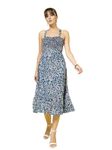 OOMPH! Printed Crepe Dress for Women, Smocked Bodice, Blue - md1033