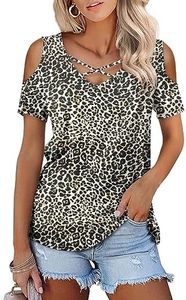 Amoretu Womens Summer Shirts V Neck Criss Cross Cold Shoulder Tops Blouse, A:printed Leopard, XX-Large