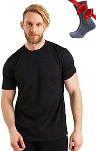 Merino.tech Merino Wool T-Shirt Mens - 100% Organic Merino Wool Undershirt Lightweight Base Layer + Hiking Wool Socks, Melange Black, Large