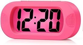 Plumeet Easy to Set, Large Digital LCD Travel Alarm Clock with Snooze Good Night Light, Ascending Sound Alarm & Handheld Sized, Best Kids (Pink)