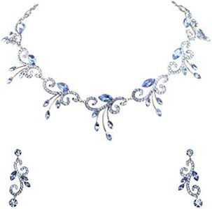 Faship Gorgeous Blue Rhinestone Crystal Floral Necklace Earrings Set - Blue