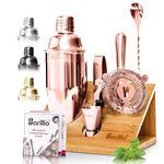 Copper Mixology Bartender Kit Cocktail Shaker Set by Barillio: Rose Gold Drink Mixer Set with Bar Tools, Bamboo Stand Cocktail Mixer Liquor Pourers Mojito Muddler Mixing Spoon Jigger Recipes Booklet
