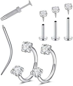 LAURITAMI 18G Flat Back Earrings Horseshoe Nose Ring with Internal Threaded Piercing Taper and Grabber Tool Lip Ring Tragus Cartilage Earring for Women Men