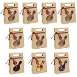 Belle Vous 10 Pack of Patterned Brown Kraft Party Treat Gift Bags & Ribbons - 15 x 5.5 x 20.5cm/5.91 x 2.17 x 8.07 Inches - Loot Goodie Gable Bags/Boxes w/Windows for Birthdays, Food & Wedding Favours