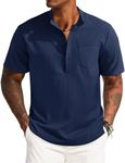 COOFANDY Men's Linen Casual T Shirt Summer Beach Short Sleeve Henley Shirt Collarless Shirt with Pocket Navy Blue