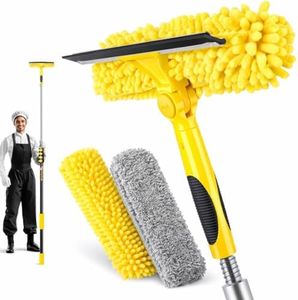 36FT High Reach Window Squeegee with Extension Pole, 2-1 Window Washing Kit with 8-Stage Telescopic Pole & Rotatable Head, No-Ladder Window Cleaner for High Window, Solar Panel, RV & Outdoor Glass
