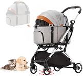 LPOTIUS 4 Wheels Pet Stroller with Detachable Carrier, Foldable Cat Dog Travel Carriage, 3-In-1 Cat Dog Stroller with Detachable Carrier Universal Wheel Brake Grey
