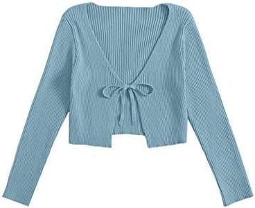 Floerns Women's Tie Front Long Sleeve Rib Knit Shrug Sweaters Cardigan Crop Top Blue S