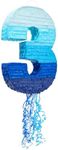 BLUE PANDA Number 3 Pinata - Pull String Pinata for Boys 3rd Birthday Party Decorations, Ombre Blue (16.5 x 11.3 x 3 In)