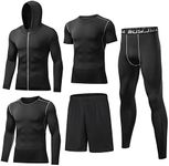 BUYJYA 5Pcs Men's Compression Pants Shirt Top Long Sleeve Jacket Athletic Sets Gym Clothing Mens Workout