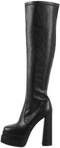 VERISSON Damen Plateau Stiefel Blockabsatz Langschaft Kniehohe High Heels Stretch Boots Zipper Glattoptik Schwarz 39 EU